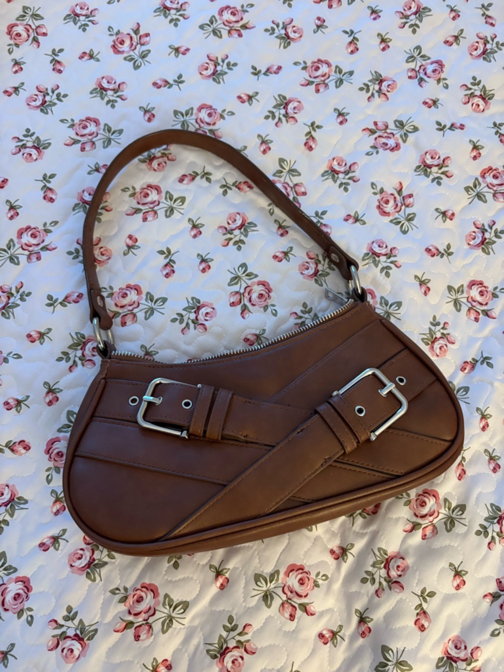 Women's Brown Leather Shoulder Bag with Buckle Detail